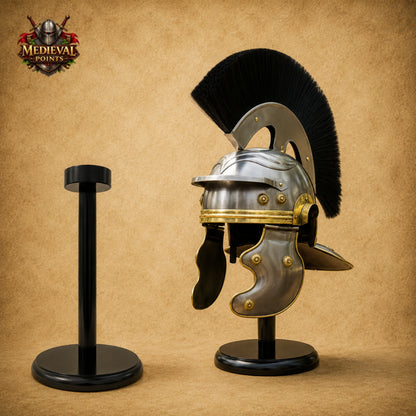 Roman Helmet with Black Horsehair Plume & Wooden Display Stand