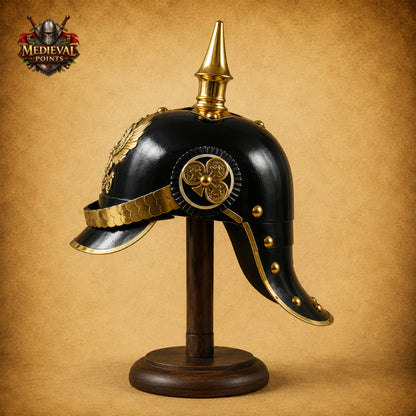 German Pickelhaube Black Steel Helmet | Imperial Officer Replica with Wooden Display Stand