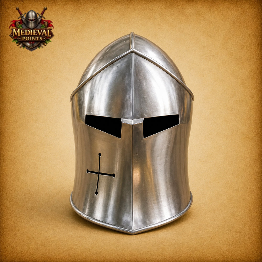 Medieval Barbuta Helmet with Wooden Display Stand – Silver Steel Armor