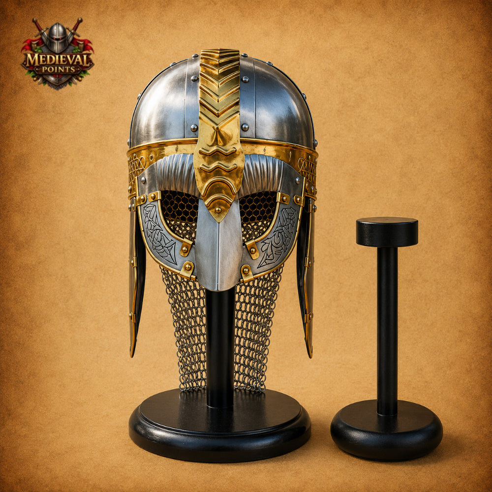 Viking Gjermundbu Helmet with Wooden Display Stand – Medieval Norse Warrior Armor