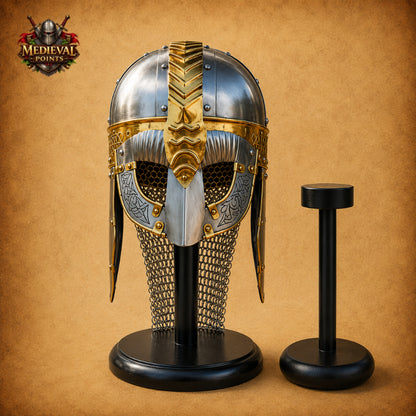 Viking Gjermundbu Helmet with Wooden Display Stand – Medieval Norse Warrior Armor