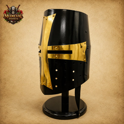 Medieval Templar Crusader Helmet with Wooden Display Stand
