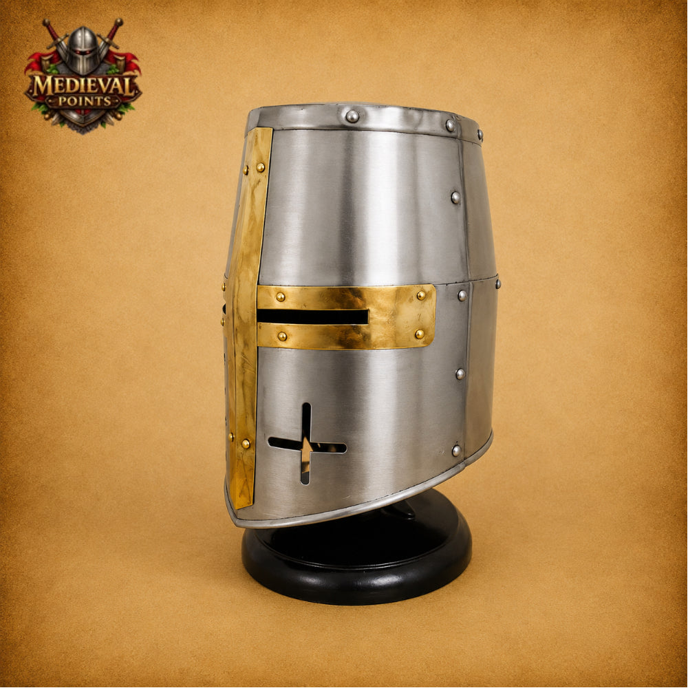 Medieval Templar Helmet with Wooden Display Stand