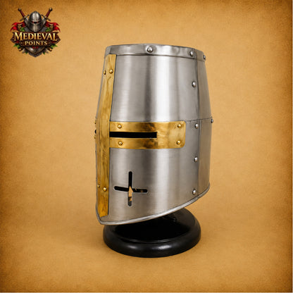 Medieval Templar Helmet with Wooden Display Stand
