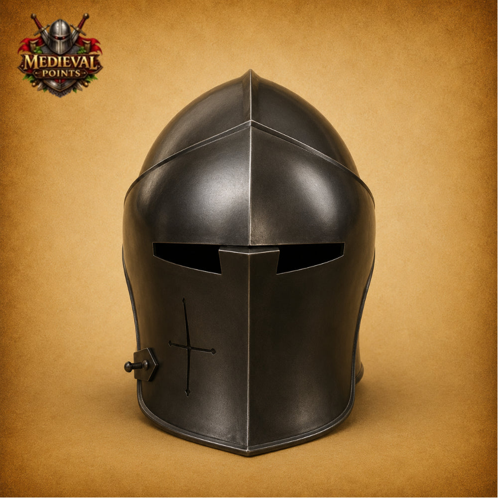 Medieval Black Barbute Steel Helmet | Wearable Knight Armor with Display Stand