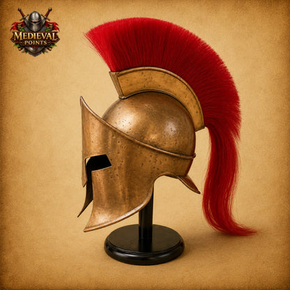 Leonidas Spartan Helmet with Red Plume & Wooden Display Stand | Greek Warrior Replica