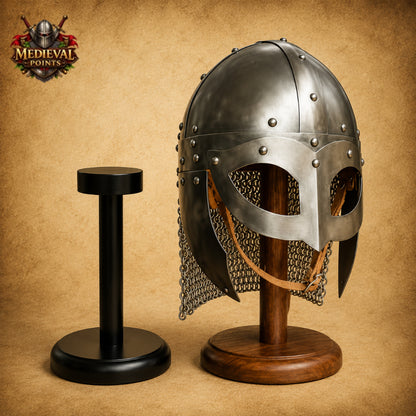 Viking Vendel Spectacle Helmet with Chainmail & Wooden Display Stand