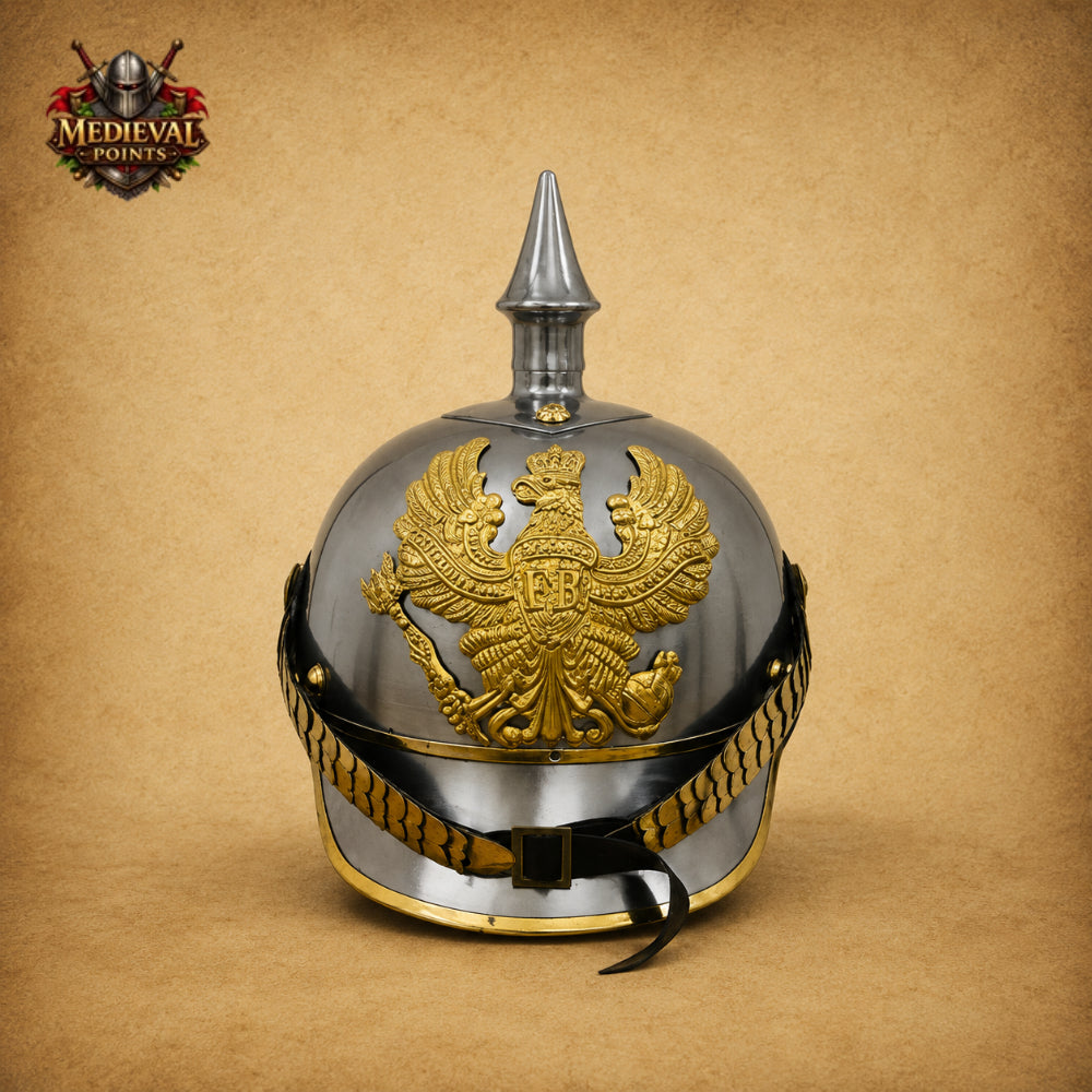 German Pickelhaube Spike Helmet | Military Replica with Wooden Display Stand
