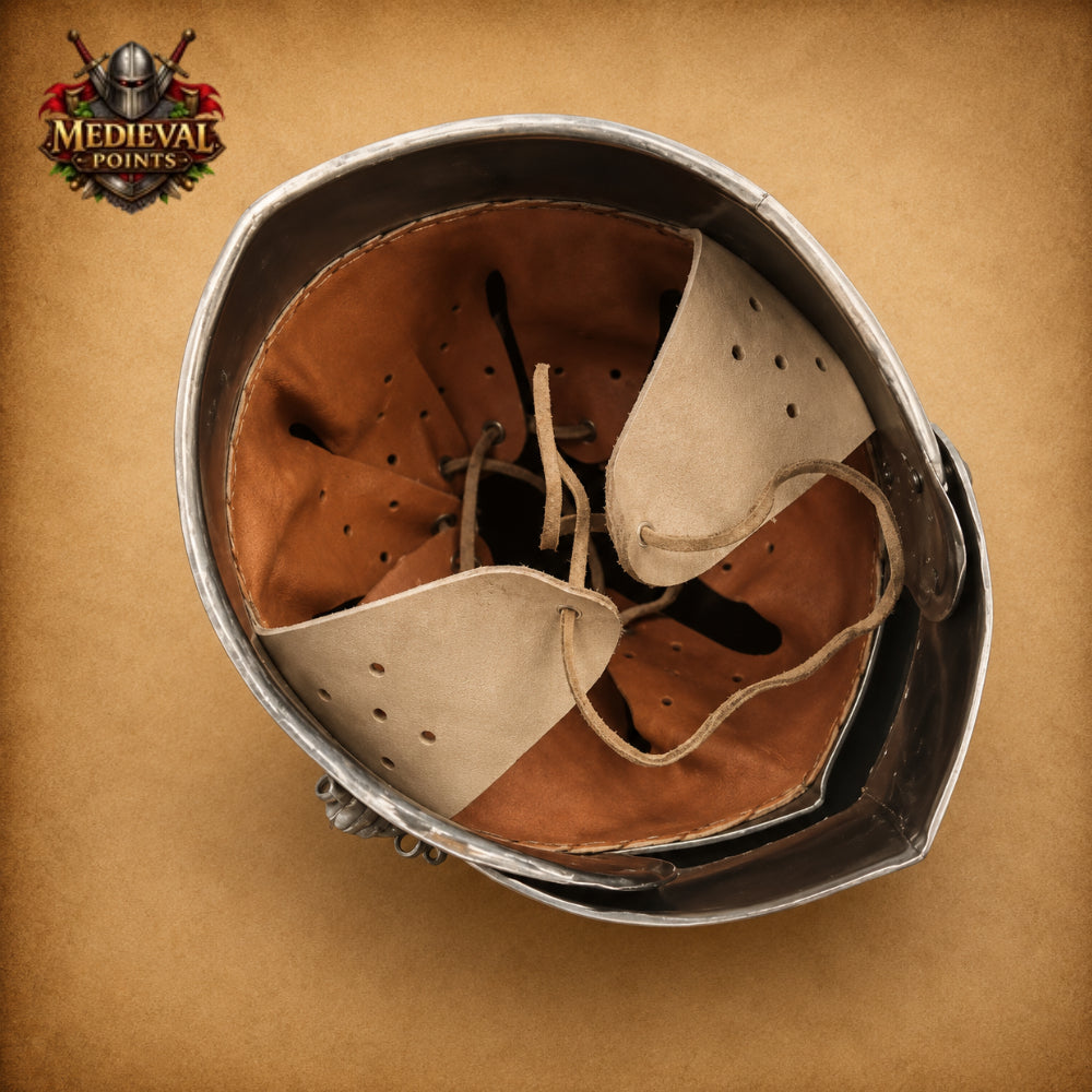 Medieval Knight Barbute Helmet Armor with Wooden Display Stand
