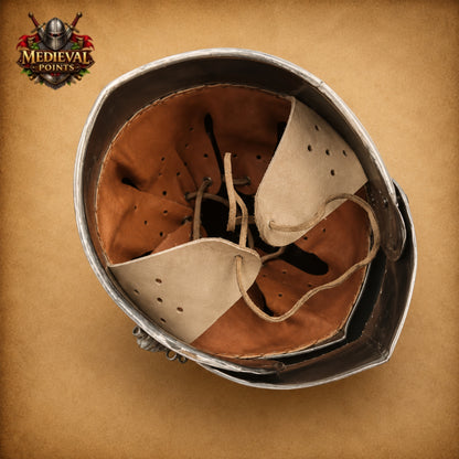 Medieval Knight Barbute Helmet Armor with Wooden Display Stand