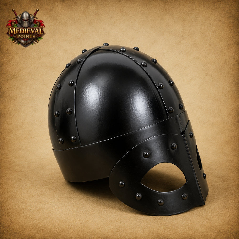 Handmade Viking Mask Helmet in Black 18 Gauge Steel with Wooden Display Stand