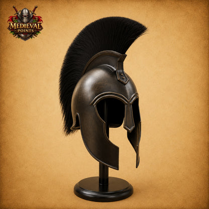 Medieval Achilles Troy Black Helmet with Wooden Display Stand