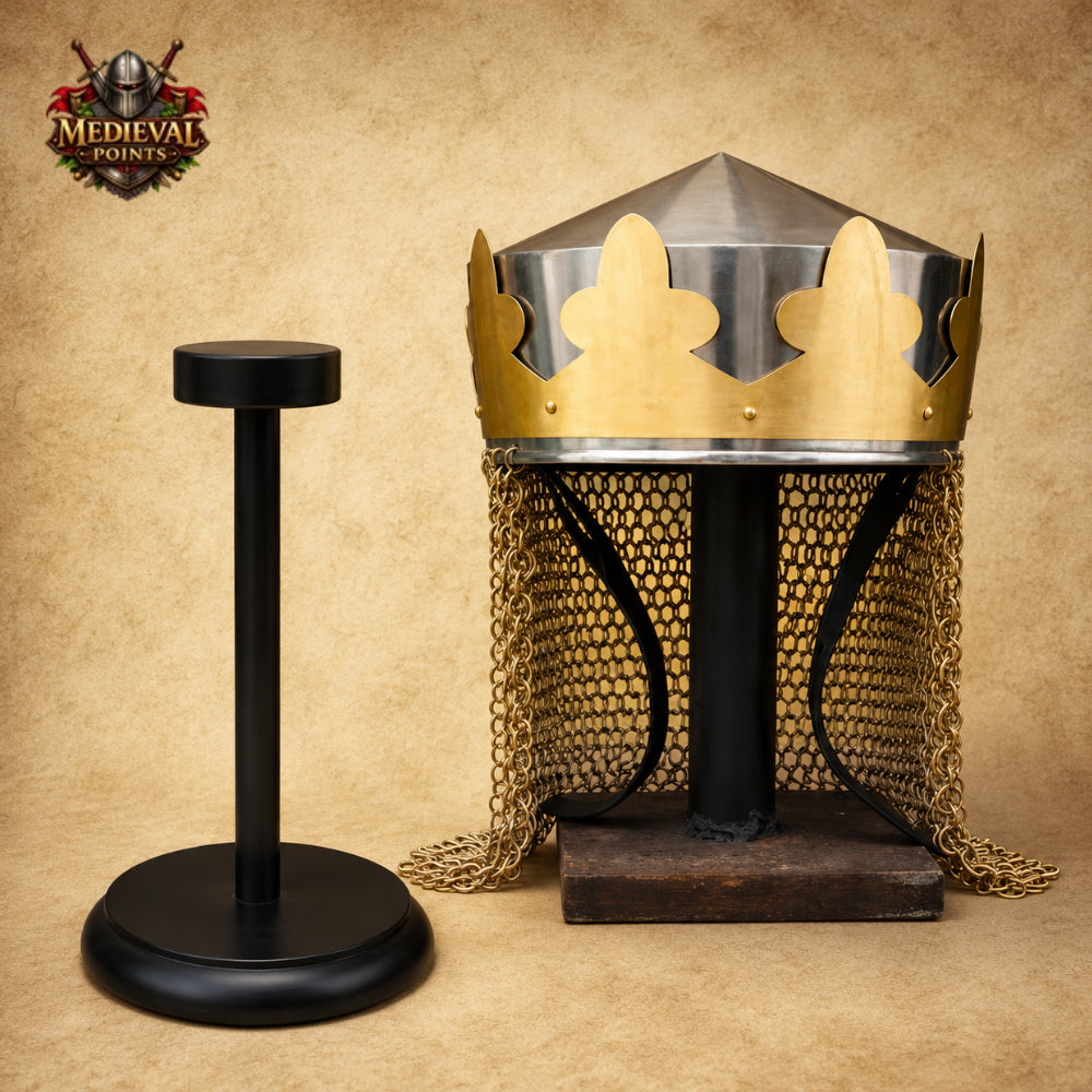 Medieval King Arthur Helmet with Brass Butted Chainmail | Monty Python Style Helmet with Display Stand
