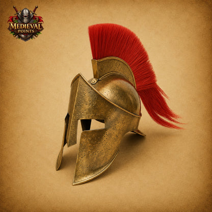 Spartan Helmet with Red Plume | King Leonidas Steel Helmet | Includes Wooden Display Stand
