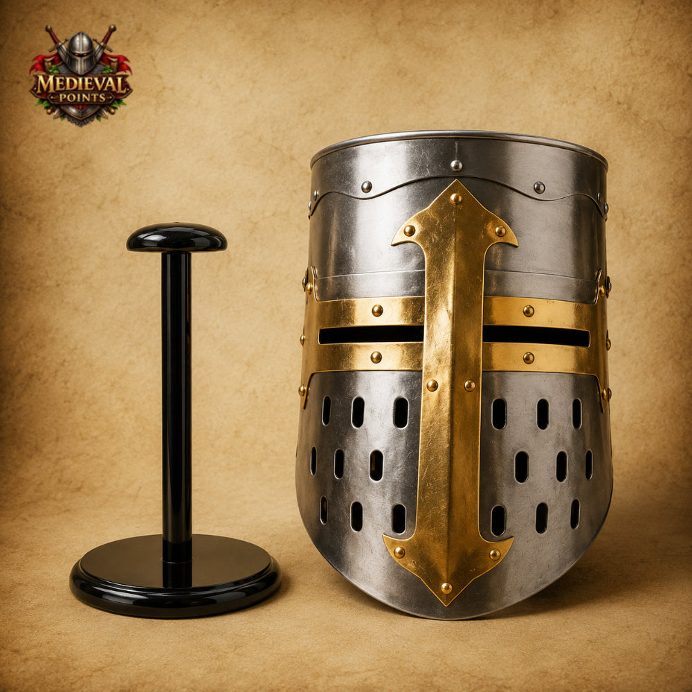 Templar Knight Helmet with Wooden Display Stand – Medieval Crusader Great Helm