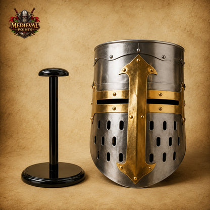 Templar Knight Helmet with Wooden Display Stand – Medieval Crusader Great Helm