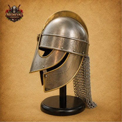 Medieval Viking Chainmail Helmet with Wooden Display Stand – Norse Warrior Armor