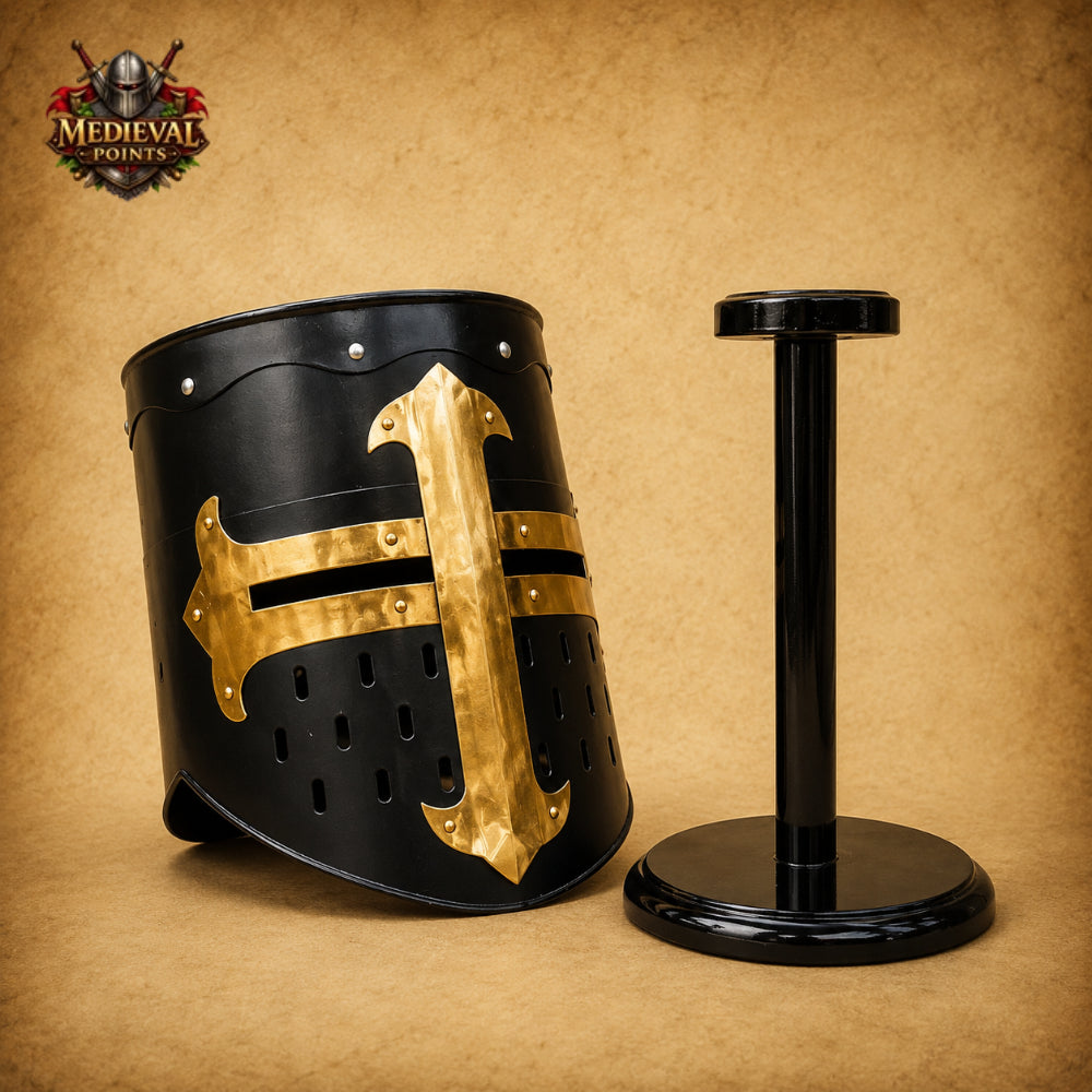 Medieval Crusader Helmet with Wooden Display Stand – Black Knight Great Helm
