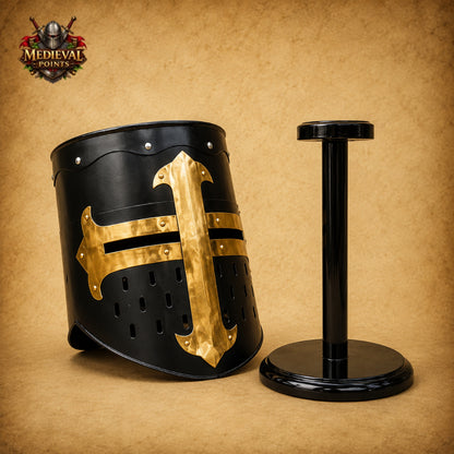 Medieval Crusader Helmet with Wooden Display Stand – Black Knight Great Helm