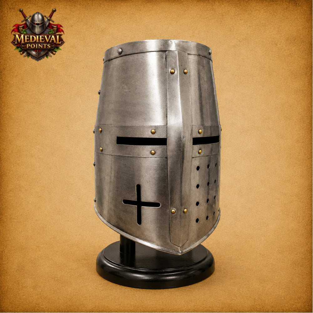 Medieval Knight Helmet with Wooden Display Stand – Silver Steel Armor