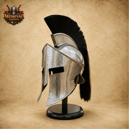 King Leonidas Greek Spartan Helmet with Black Plume & Wooden Display Stand