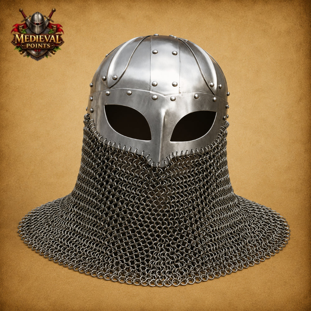 18 Gauge Medieval Viking Chainmail Helmet with  Wooden Stand