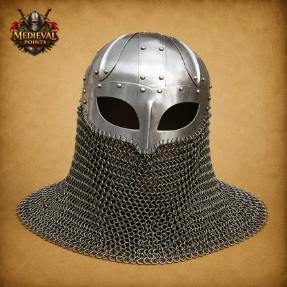 18 Gauge Medieval Viking Chainmail Helmet with  Wooden Stand