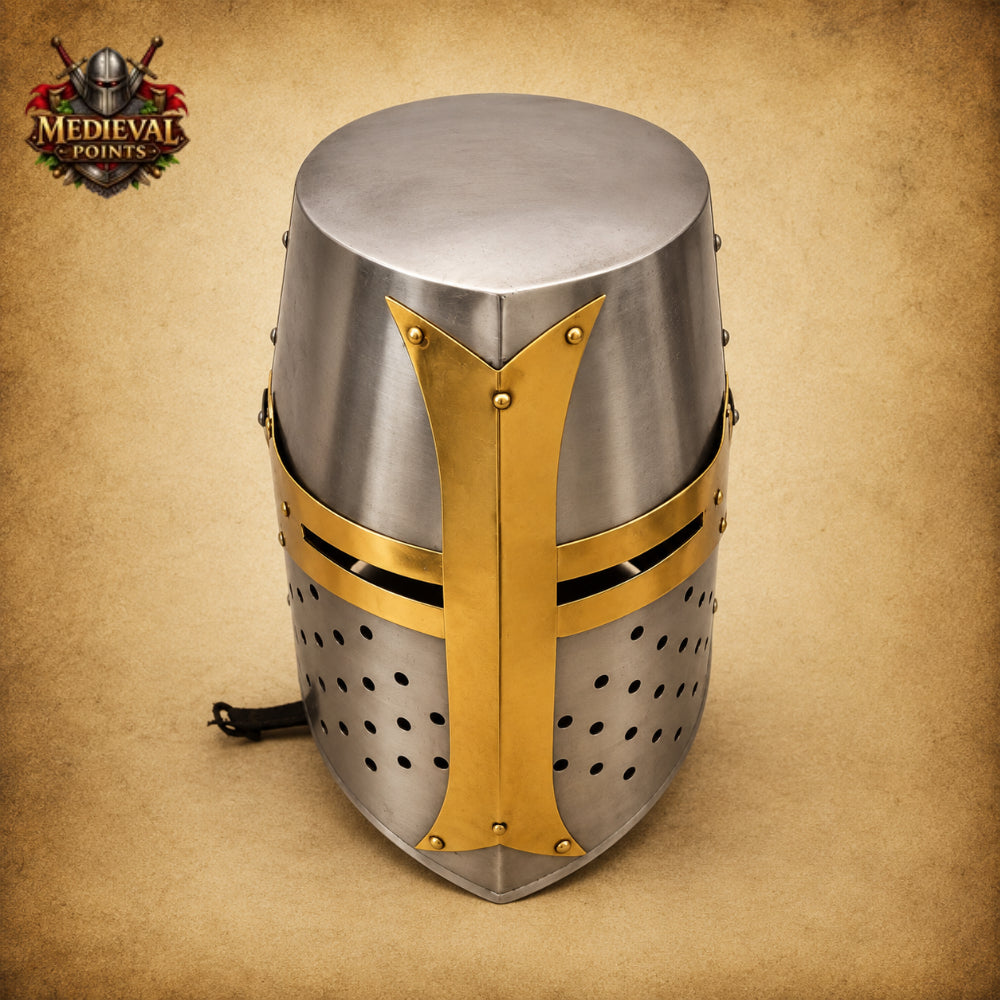 Crusader Knight Helmet Replica with Wooden Display Stand | Medieval Steel Armor