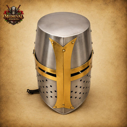 Crusader Knight Helmet Replica with Wooden Display Stand | Medieval Steel Armor