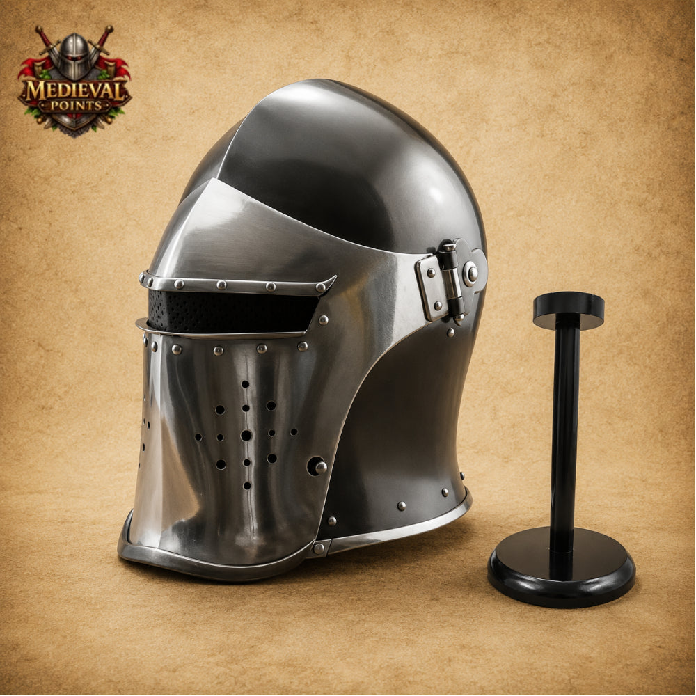Medieval Barbuta Helmet Armor with Leather Liner & Wooden Display Stand | Wearable Knight Helmet