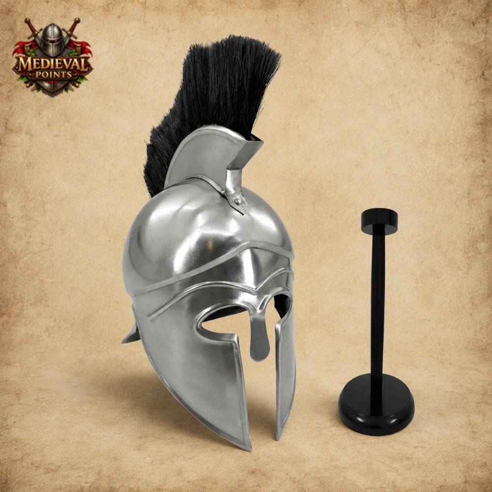 Greek Silver Warrior Helmet with Black Plume & Wooden Display Stand
