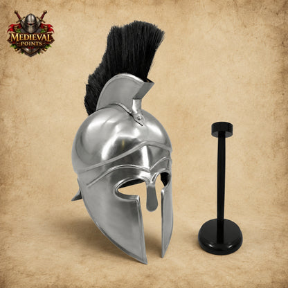 Greek Silver Warrior Helmet with Black Plume & Wooden Display Stand