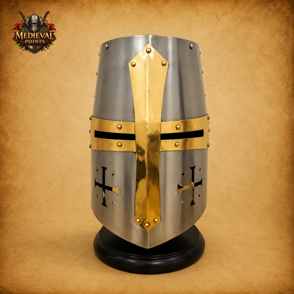 Silver Templar Crusader Helmet | Medieval Knight Helmet with Wooden Display Stand