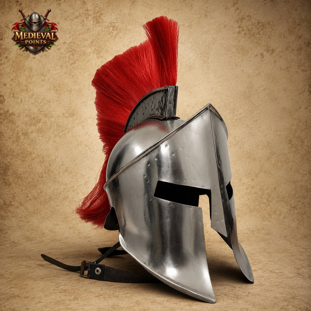 King Leonidas 300 Spartan Helmet with Red Plume & Wooden Display Stand | Greek Warrior Helmet Replica