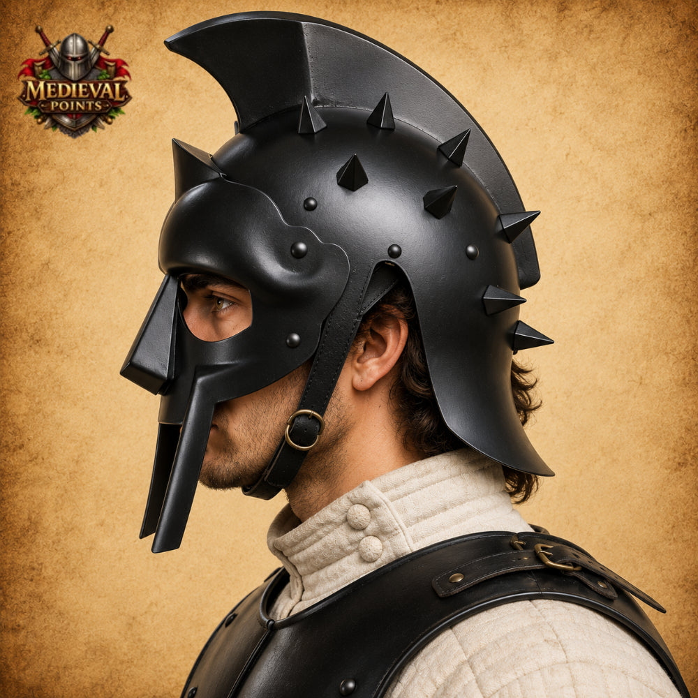 Black Spartan Gladiator Helmet with Wooden Display Stand