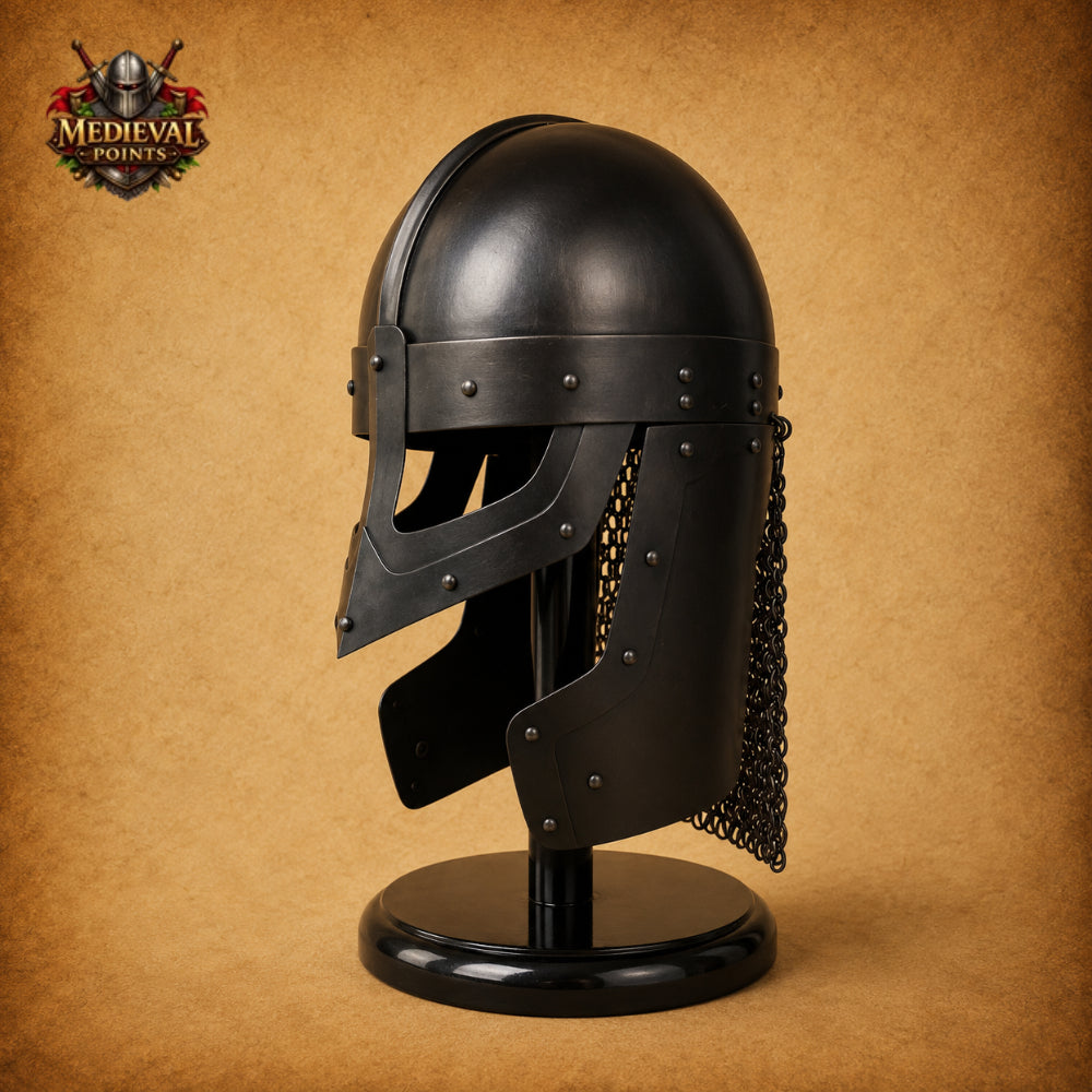 Medieval Raven Viking Helmet with Chainmail & Wooden Display Stand