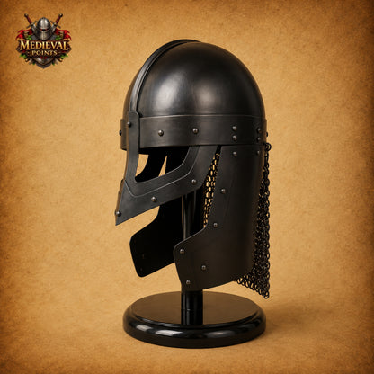 Medieval Raven Viking Helmet with Chainmail & Wooden Display Stand