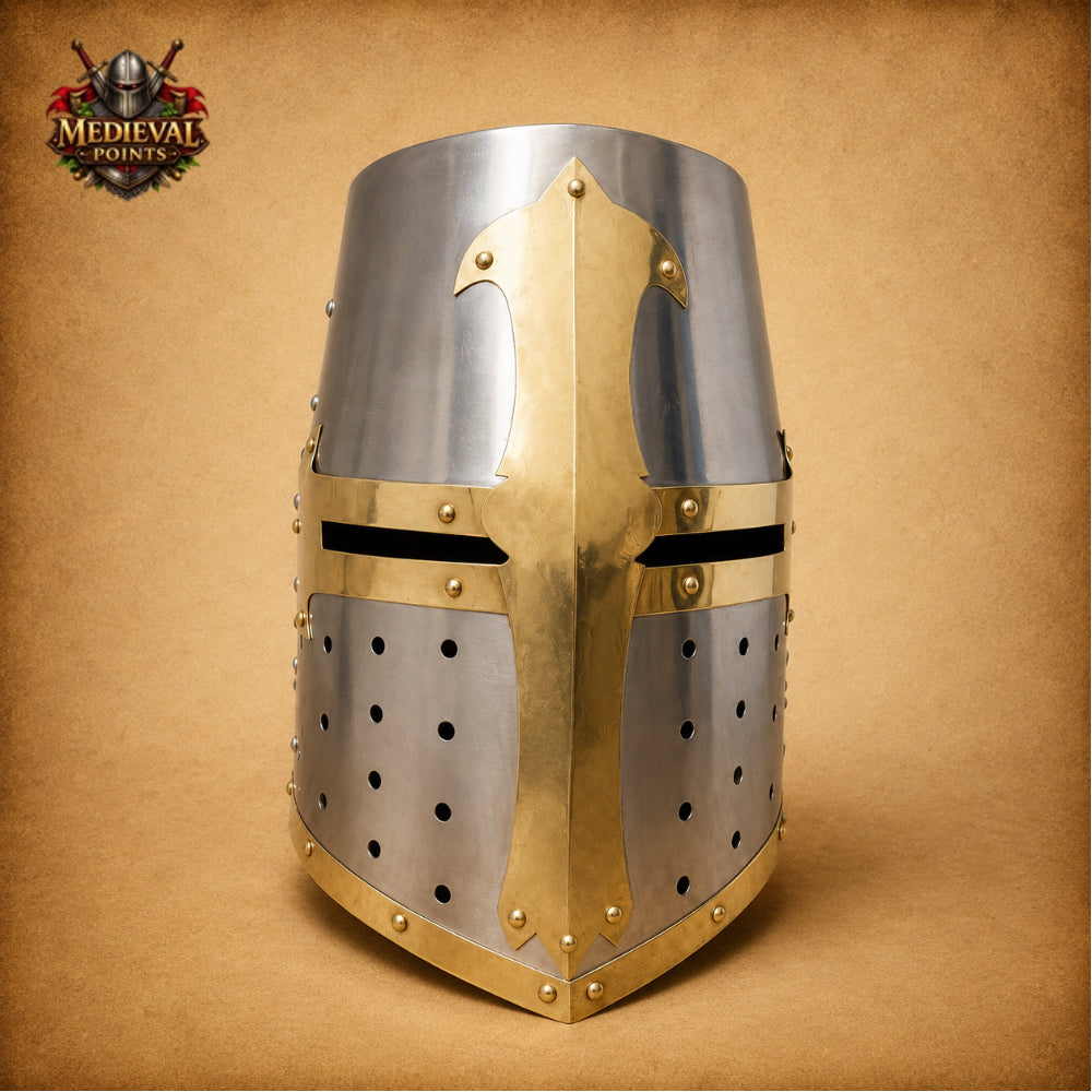 Brass Crusader Templar Helmet | Medieval Knight Helmet with Wooden Display Stand