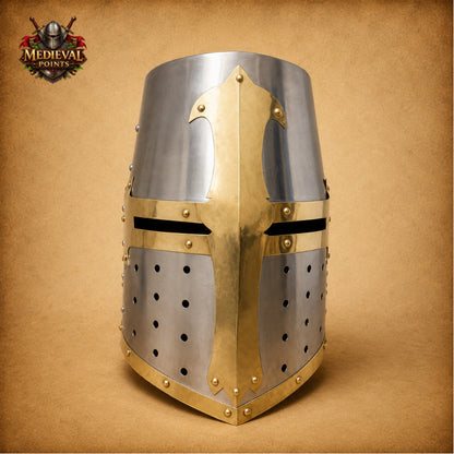 Brass Crusader Templar Helmet | Medieval Knight Helmet with Wooden Display Stand
