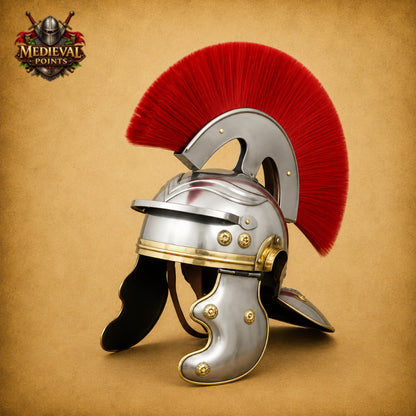 Roman Centurion Helmet with Red Plume & Wooden Display Stand
