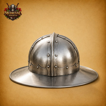 Medieval Kettle Hat Helmet with Wooden Display Stand – 18 Gauge Steel