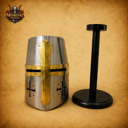 Silver Templar Crusader Helmet | Medieval Knight Helmet with Wooden Display Stand