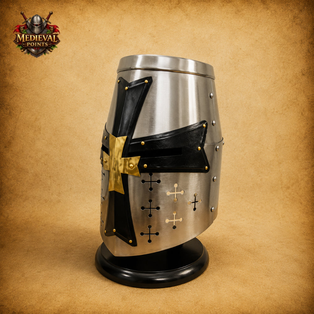 Medieval Crusader Templar Helmet | Silver Steel Knight Helmet with Black Cross & Wooden Stand
