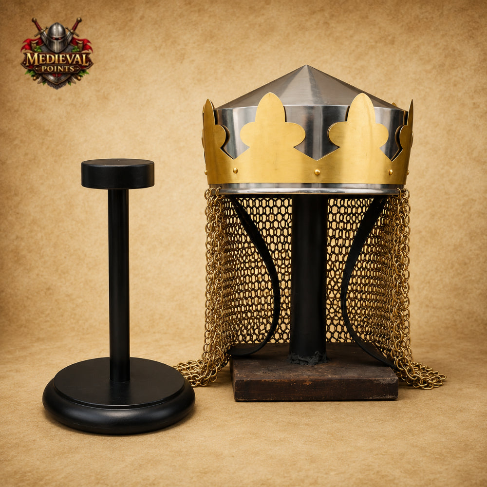 Medieval King Arthur Helmet with Brass Butted Chainmail | Monty Python Style Helmet with Display Stand