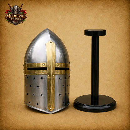 Handcrafted Medieval Sugarloaf Steel & Brass Knight Helmet with Wooden Stand