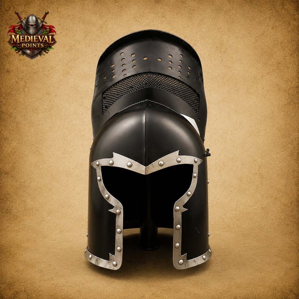 Medieval Barbuta Helmet Armor with Leather Liner & Wooden Display Stand | Wearable Knight Helmet