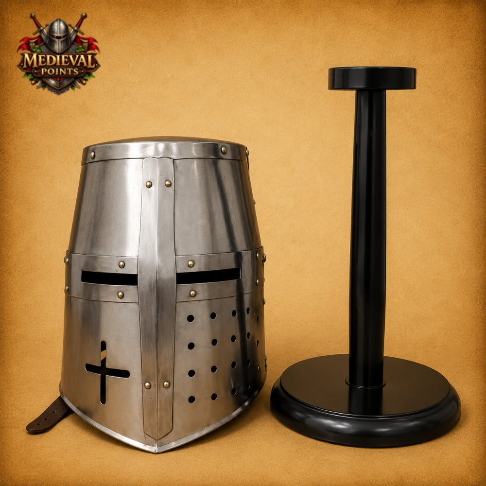 Medieval Knight Helmet with Wooden Display Stand – Silver Steel Armor