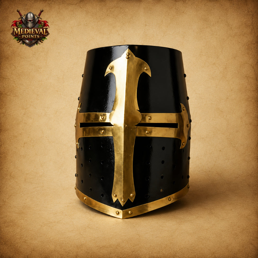 Black & Brass Templar Crusader Helmet with Wooden Display Stand | Medieval Knight Armor