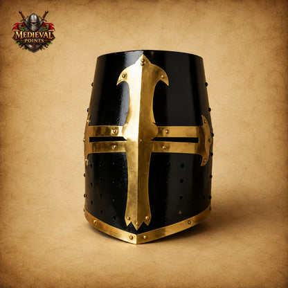 Black & Brass Templar Crusader Helmet with Wooden Display Stand | Medieval Knight Armor