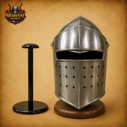 Medieval Knight Barbute Helmet Armor with Wooden Display Stand